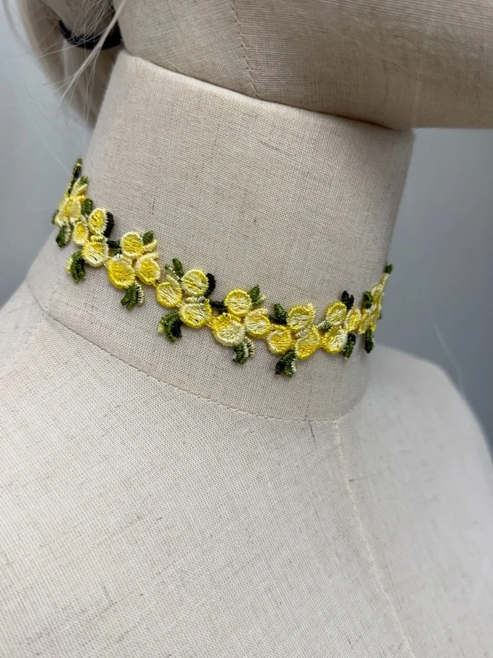 Yellow Floral Lace Choker Necklace Embroidered Flowers Cottagecore Coquette